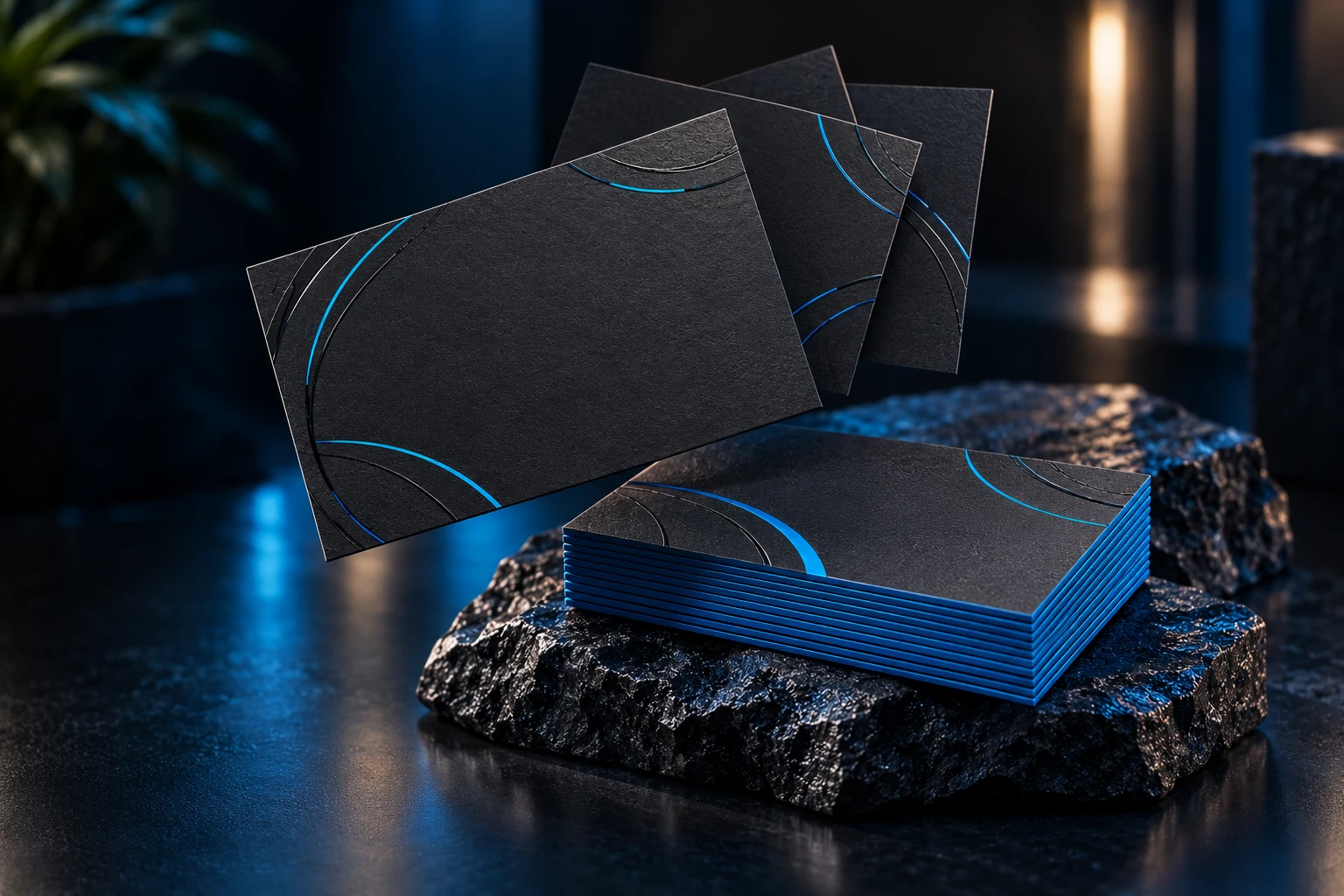 Blue-edged textured business cards arranged above a dark stone plinth
